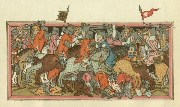 Une œuvre d'art complexe représentant une scène de bataille médiévale historique, capturant l'intensité et le drame du combat.